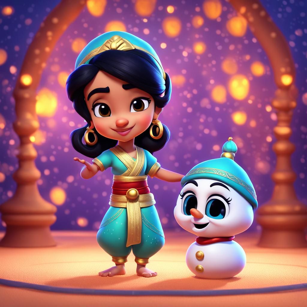 Jasmine and Aladdin Build Snowman in Pixar Style