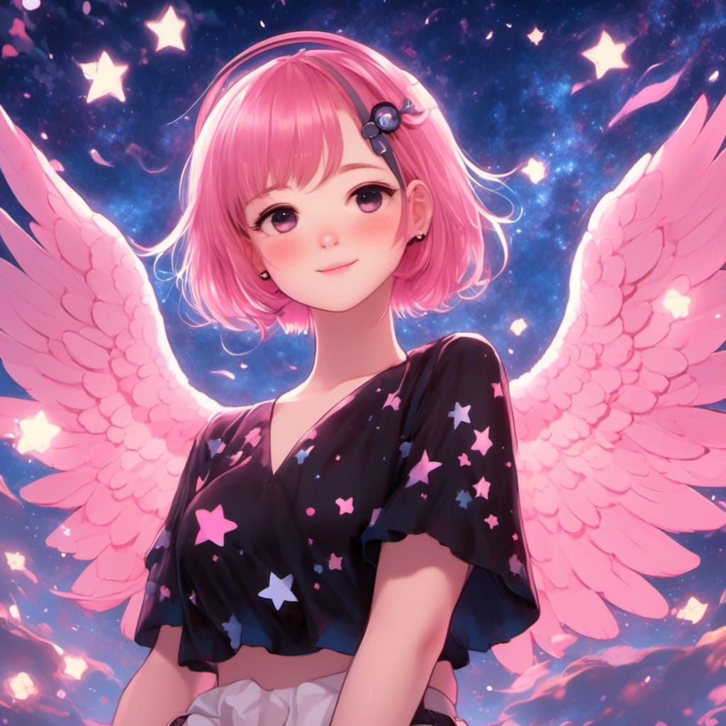Anime Angel with Pink Hair and Starry Background