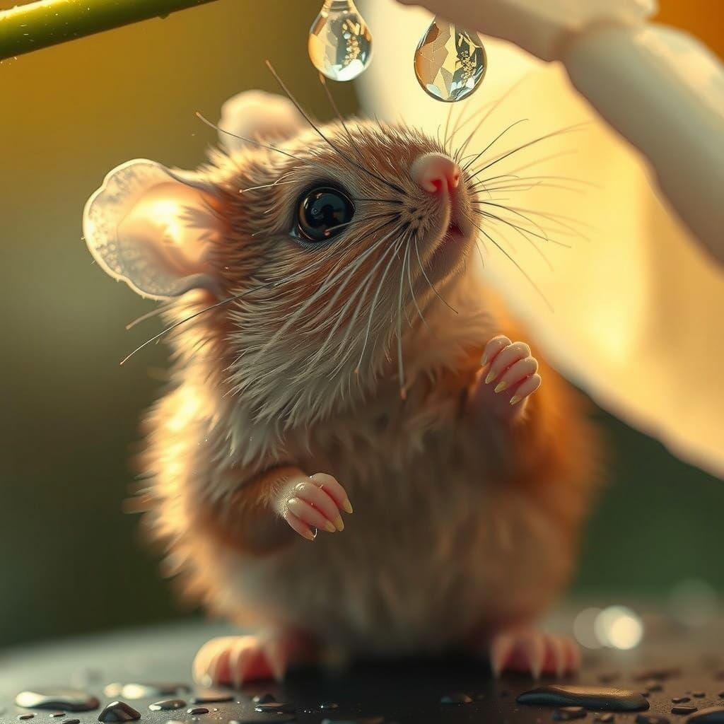 Realistic Mouse Watches Water Drop in Vivid Flower