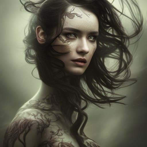 Celtic Woman Portrait with Ravens in Dark Forest