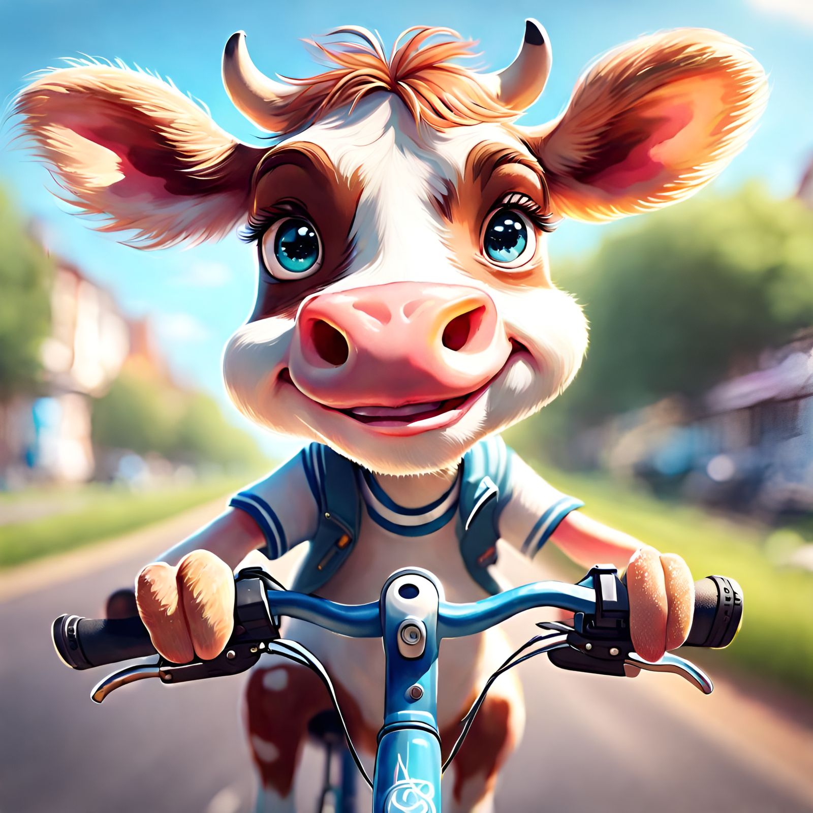 Cartoon Cow Rides Bicycle on Sunny Day