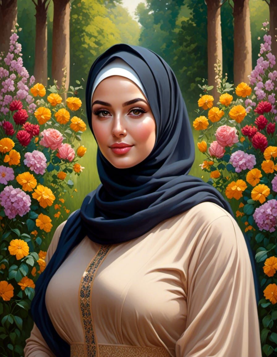 Woman in Hijab and Facemask in Forest Garden
