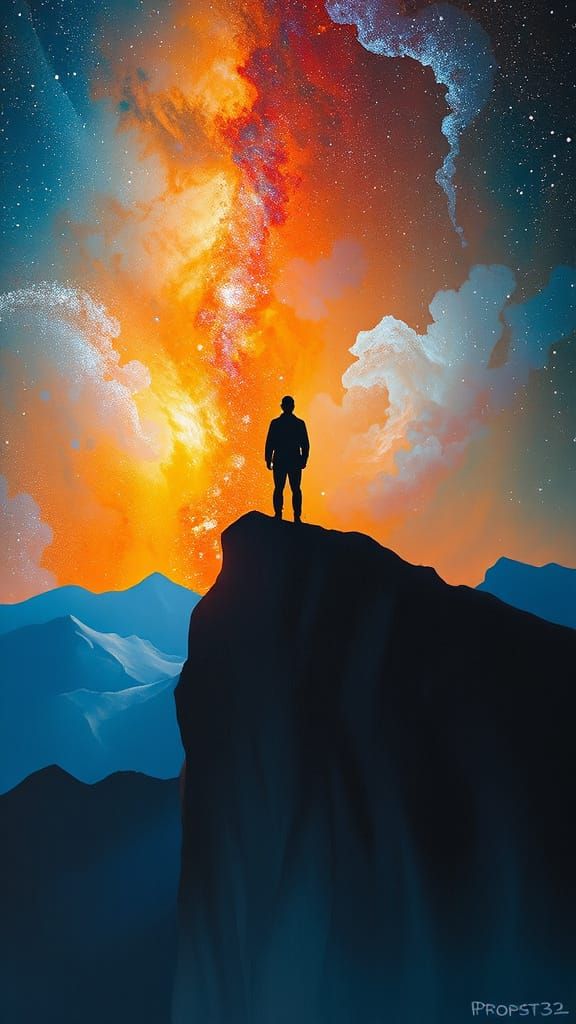 Surreal Silhouette Gazing at Abstract Milky Way