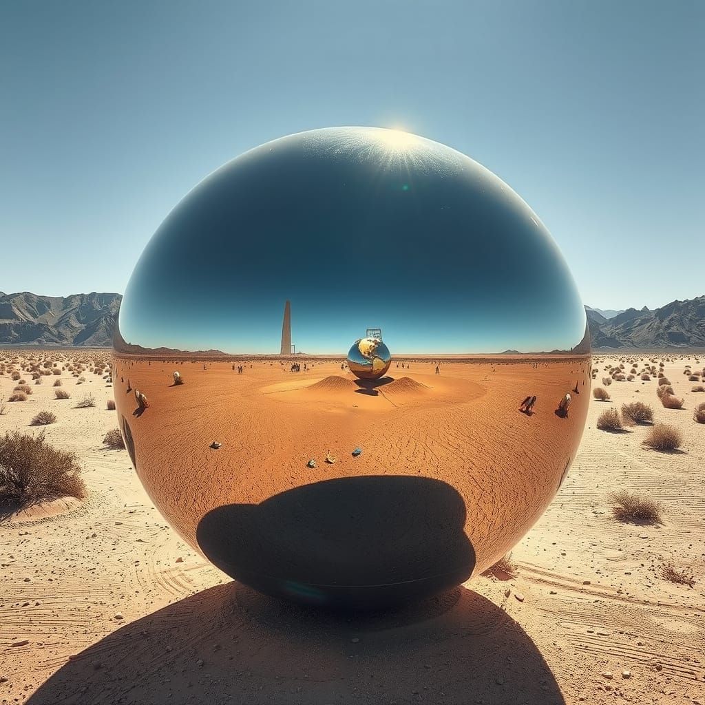 Reflective Chrome Sphere in Desert Landscape
