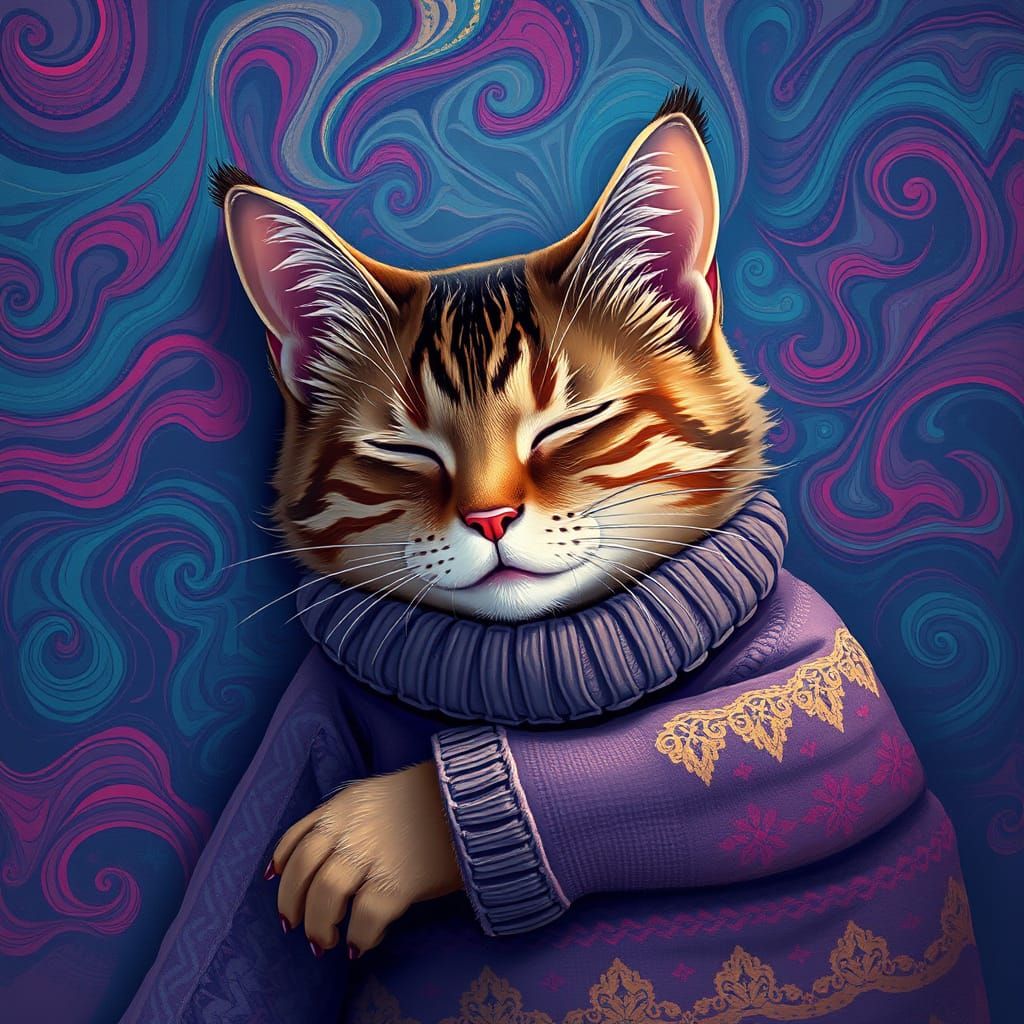 Dreamy Cat Napping with Swirling Patterns