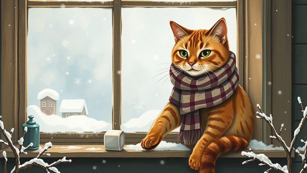 Cozy Cat in Winter Window: Beatrix Potter Style