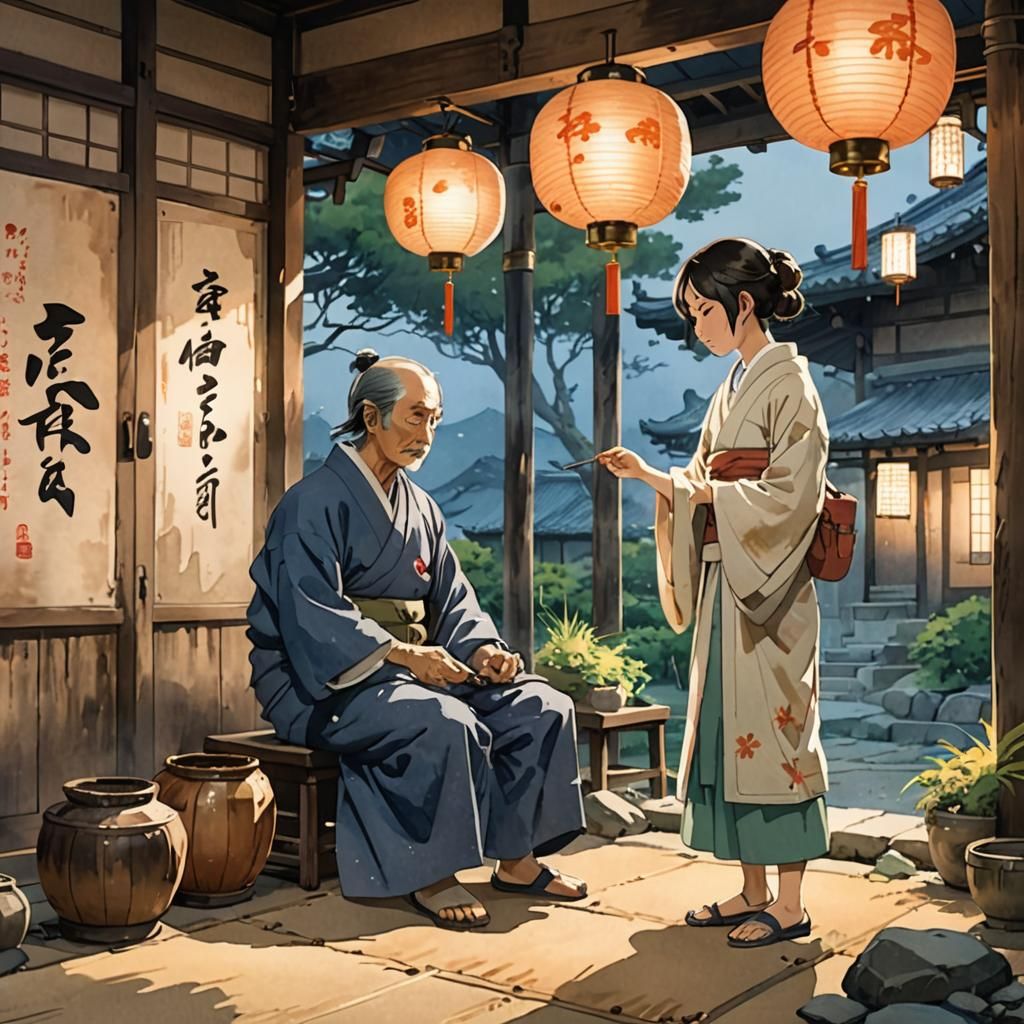 Girl Cares for Sick Father: Watercolor Anime Art