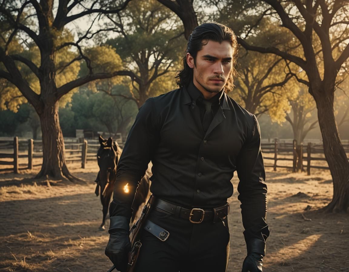 Handsome Man in Hunter Suit on Ranch, Cinematic Lighting