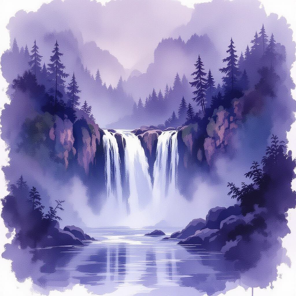 Mauve Waterfall: Ink Wash Atmospheric Masterpiece