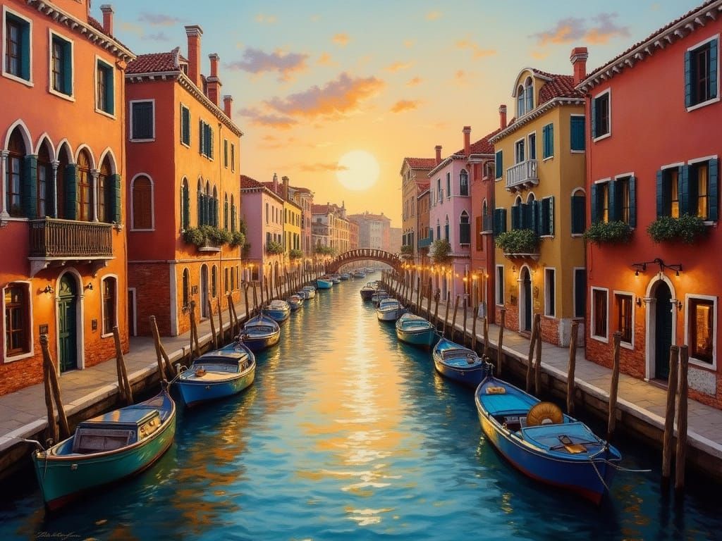 Golden Hour Venice Canal Oil Painting
