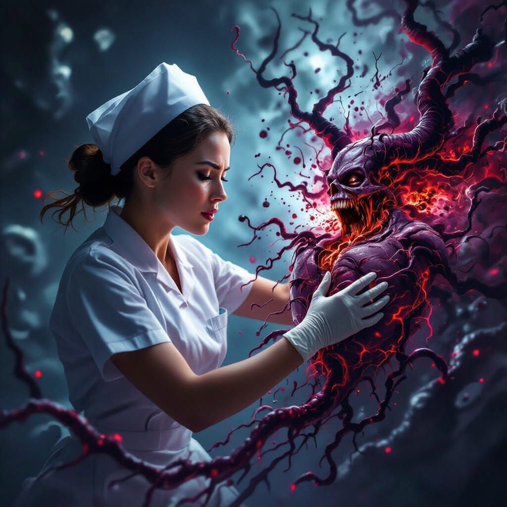 Nurse Battles Imagined Aorta Horrors in Dark Fantasy Style