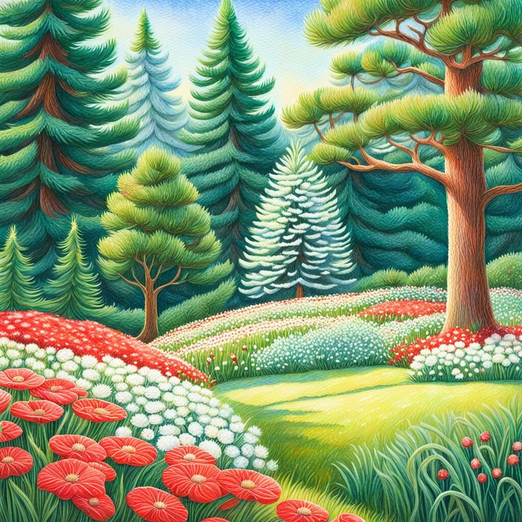 Lush Garden with Tinsel in Colored Pencil Art