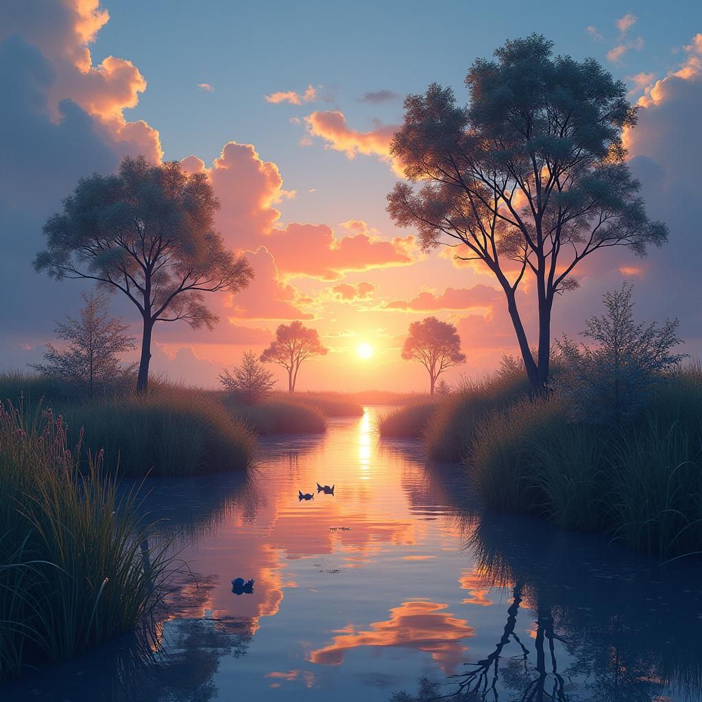 Dreamy Sunset Wetlands in Double Exposure Fantasy Art