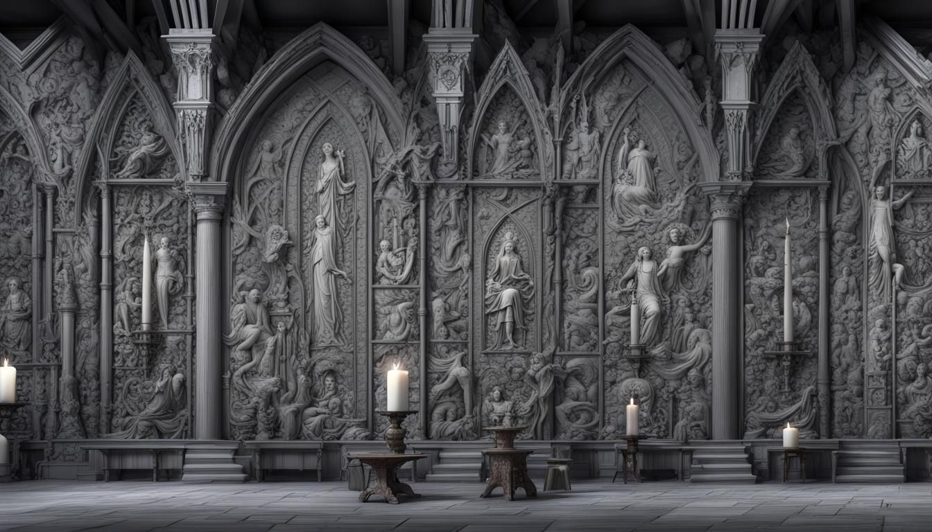 a Gothic-style brick wall with wooden panels, decorated with a tapestry with a Medieval plot, frescoes, paintings, inter...