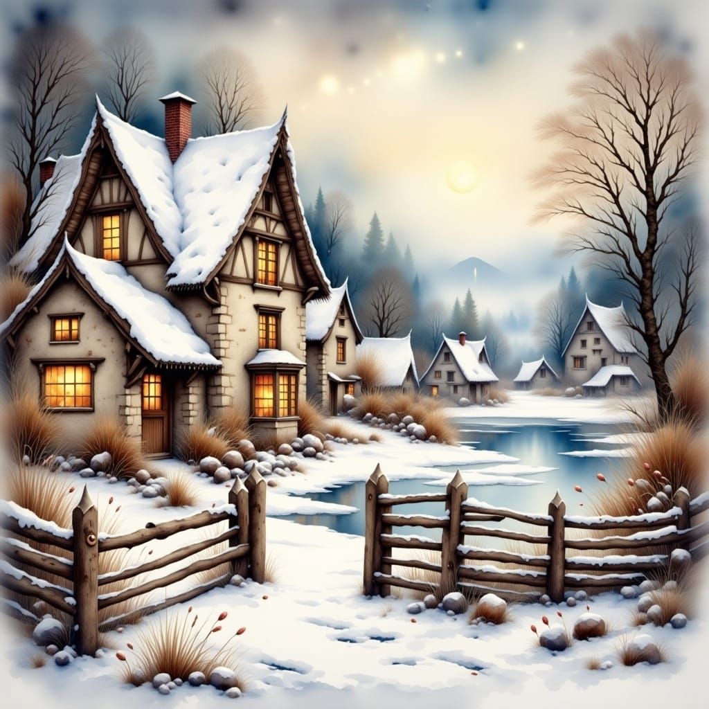 Serene Snowfall: Medieval Village in Watercolor