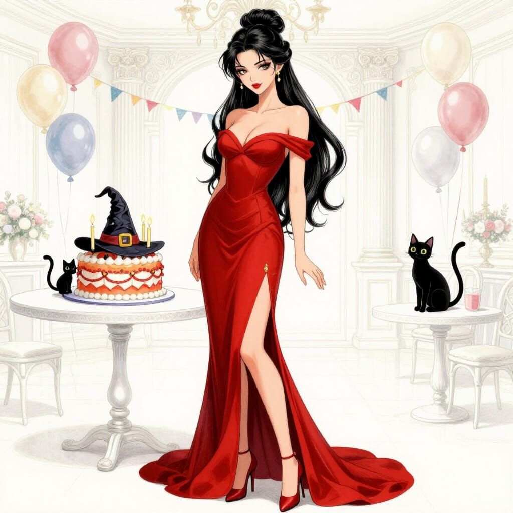 Stunning Elven Woman in Red Gown at Party