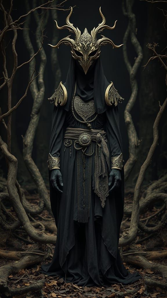 Mysterious Woodland Priestess in Macabre Attire