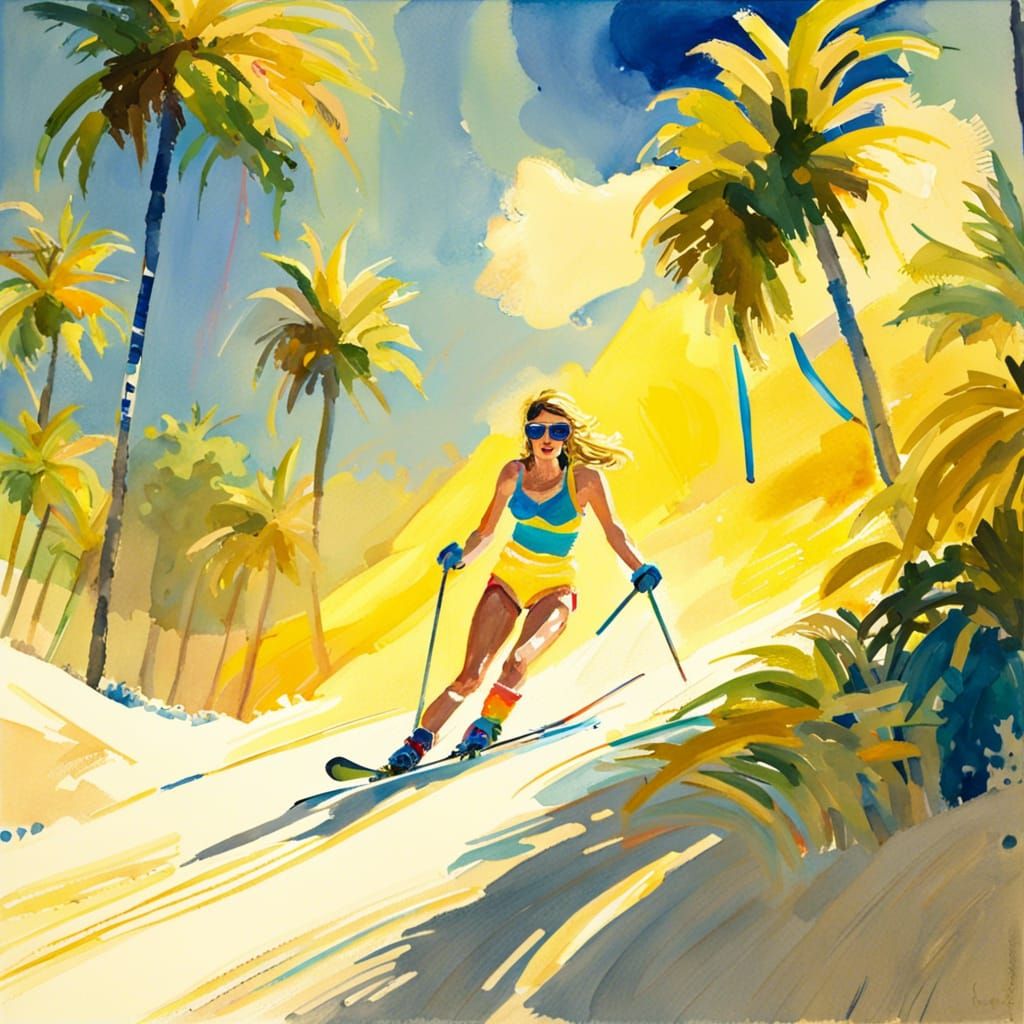 Tropical Sand Skiing in Impressionist Gouache Style