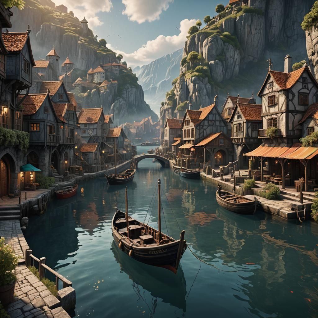 Boat Enters Quaint Harbor: Detailed Matte Painting
