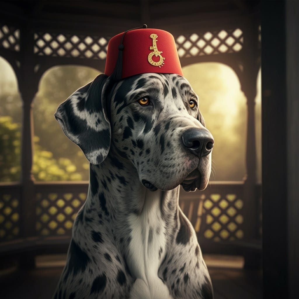 Regal Grey Great Dane in Sunlit Backyard Gazebo