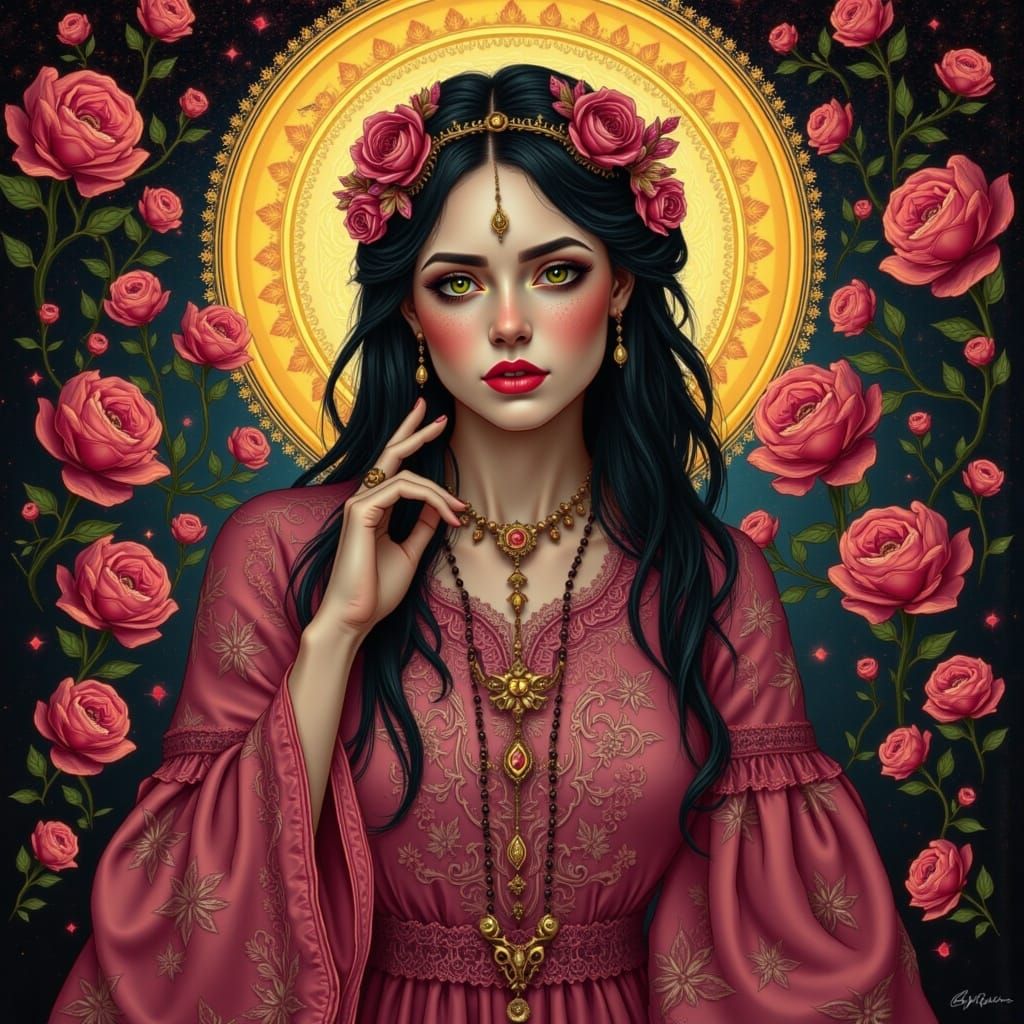 Surreal Gothic Goddess Amidst Vibrant Peonies