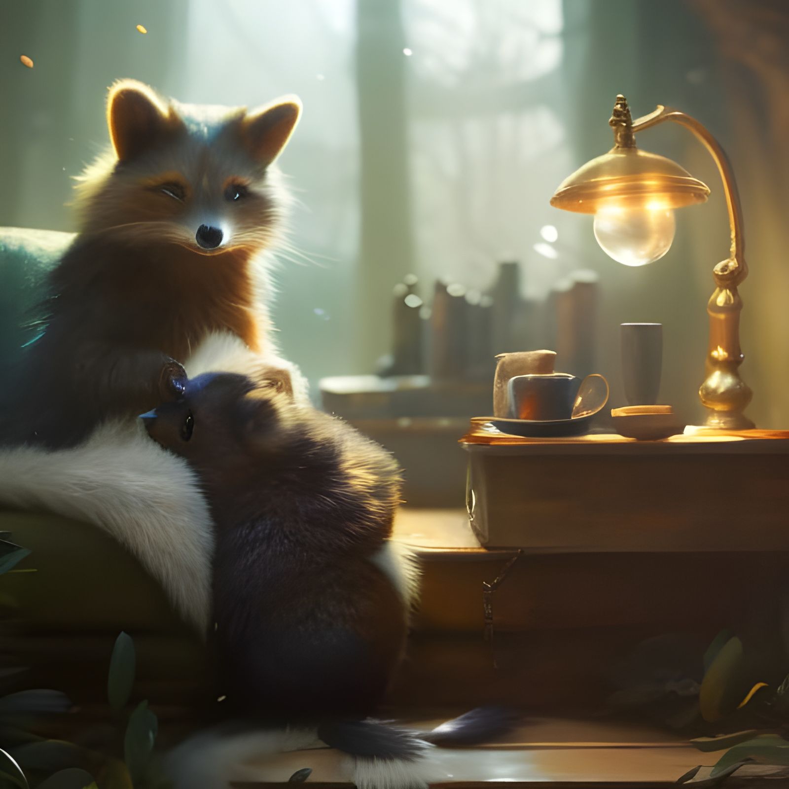 Raccoon and Lady on Sofa: Ethereal Fantasy Art