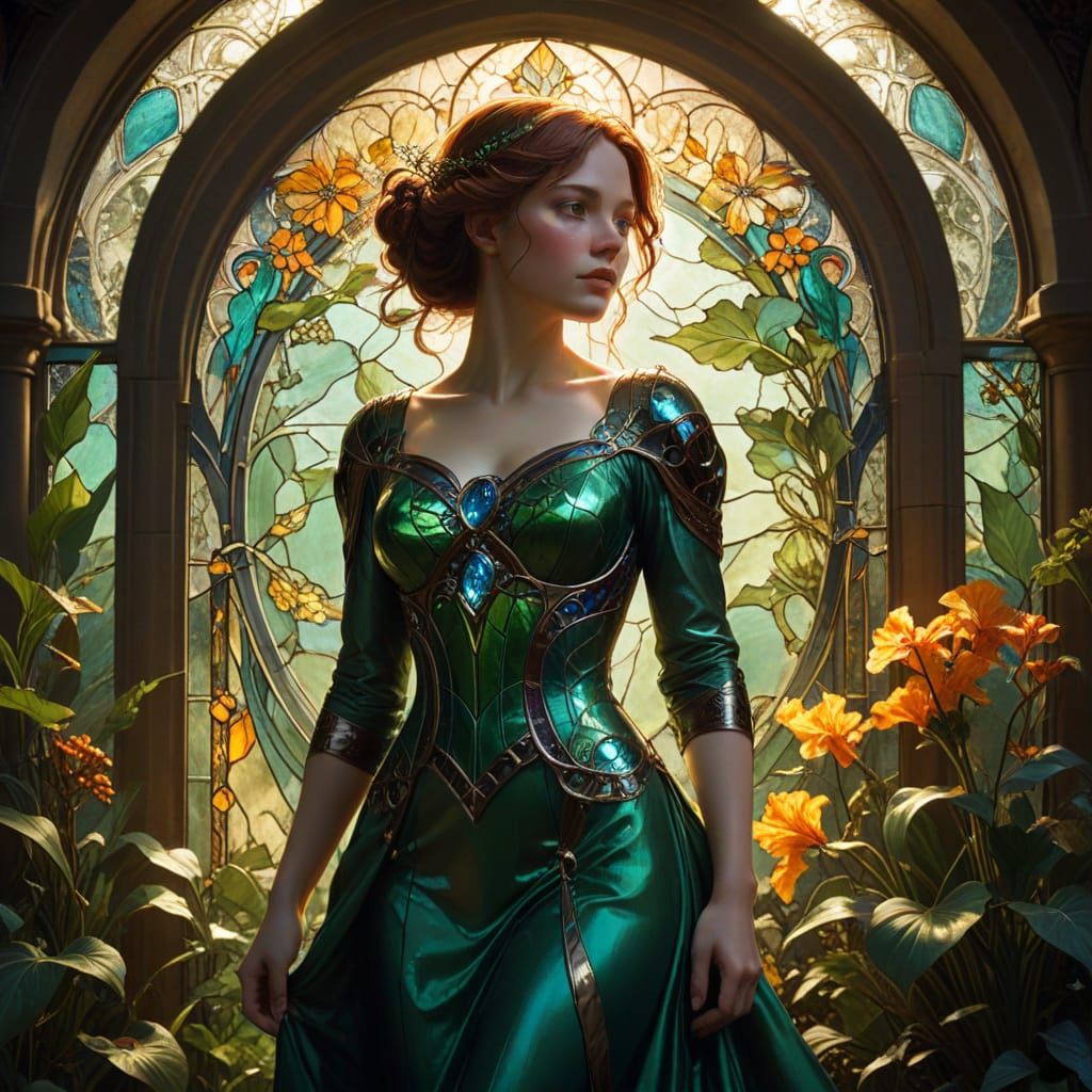 Art Nouveau Woman in Jewel-Toned Stained Glass Style