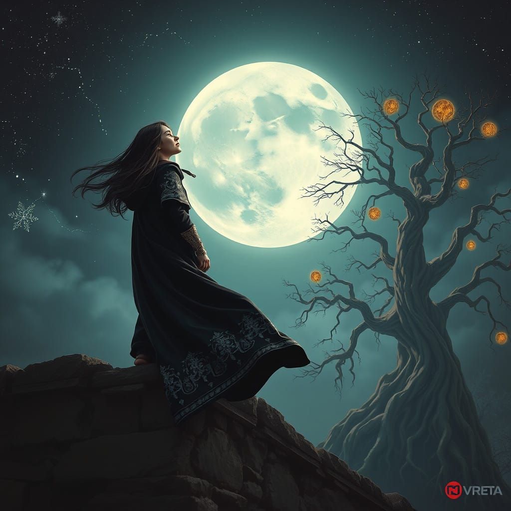 Mystical Woman Under Full Moon in Whimsical Fantasy Scene
