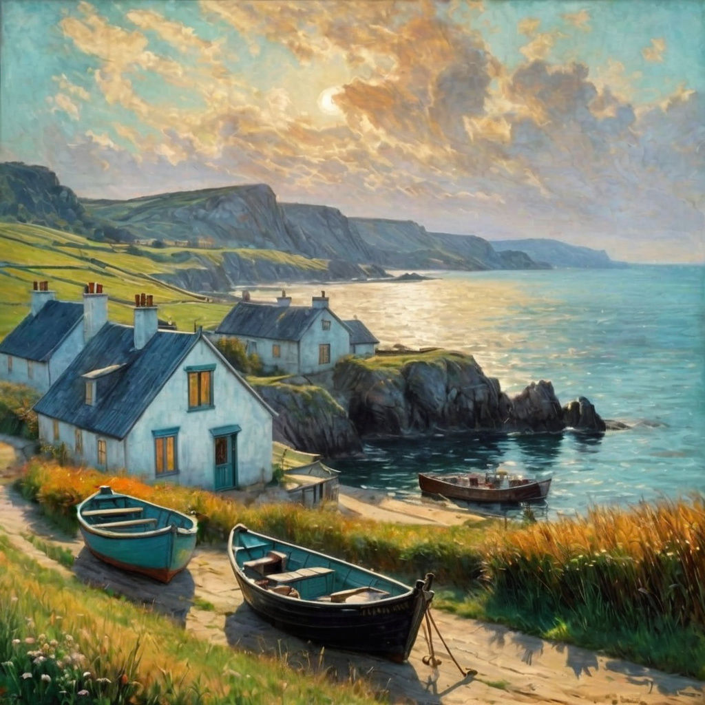 Irish Fishing Village in Impressionist Style