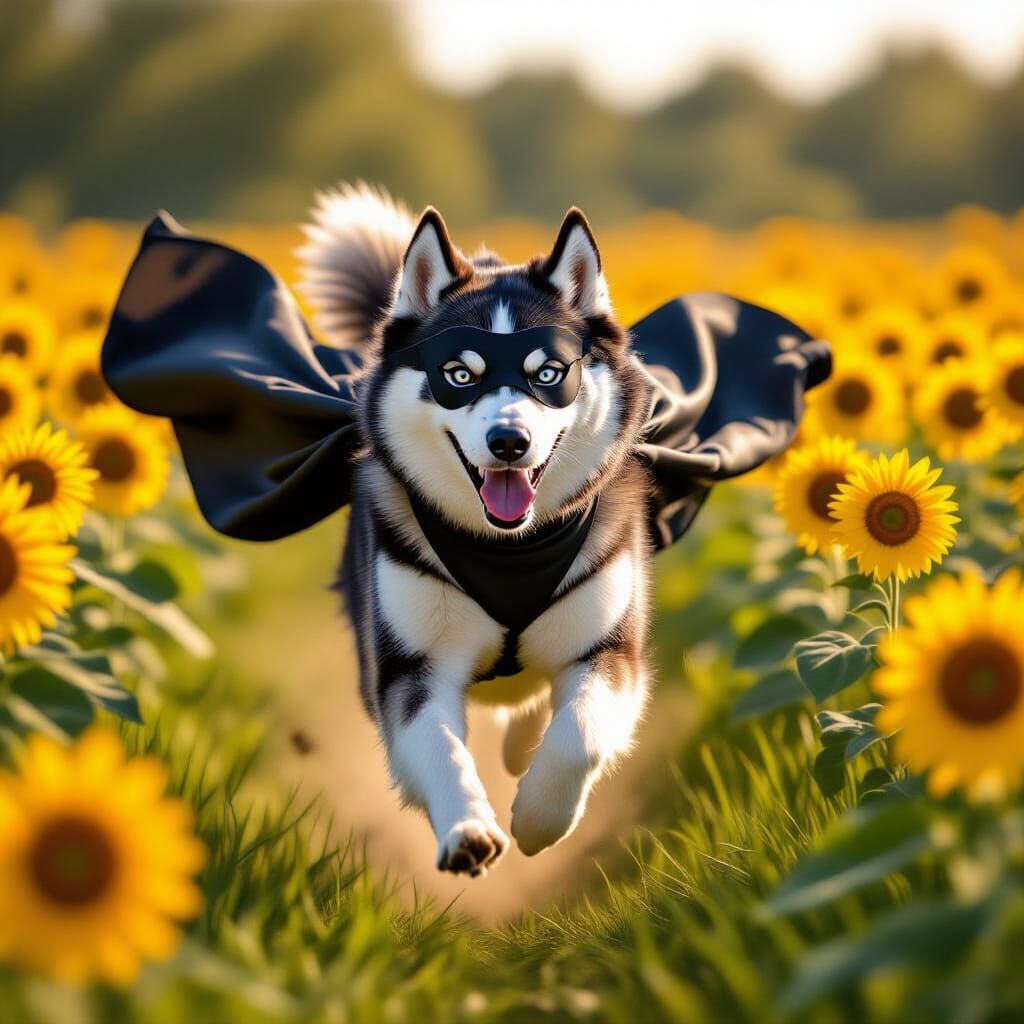 Husky Dog in Sunflower Field with Bat Mask