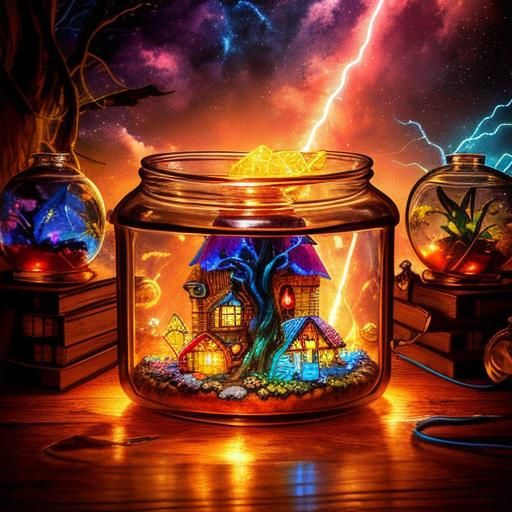 Miniature Fantasy Village in Glass Jar, Magical Realism