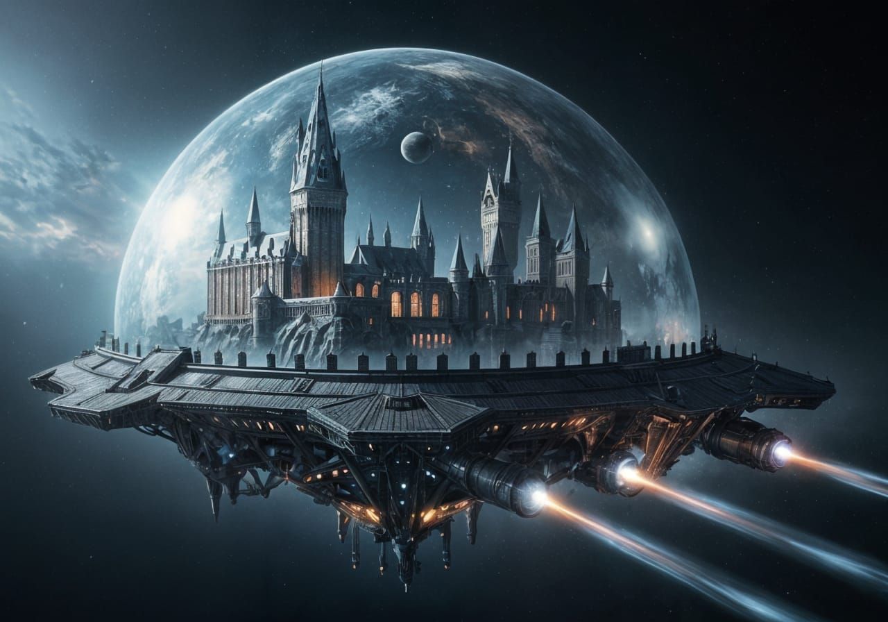 Futuristic Hogwarts Soaring Through Space