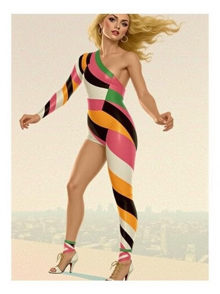 Retro-Futuristic Woman in Neon Jumpsuit, Cityscape Dusk