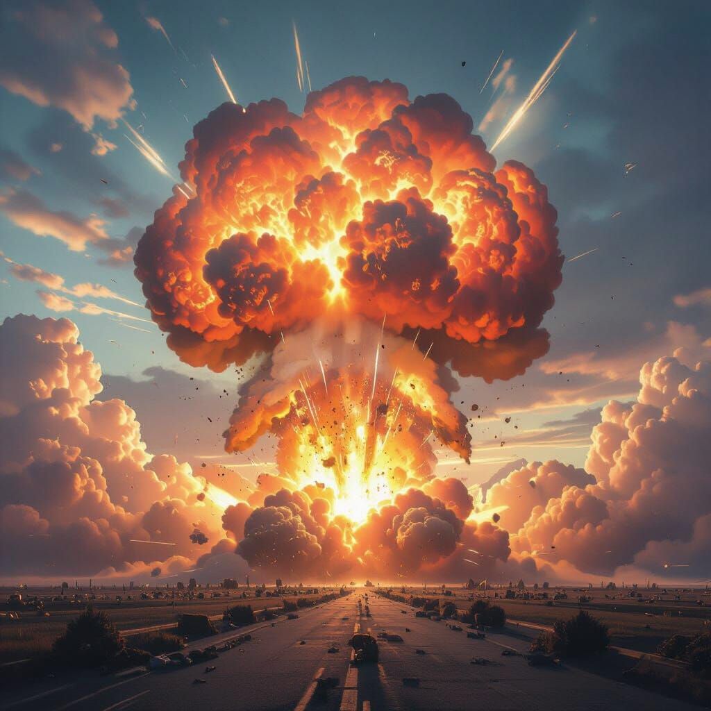 Catastrophic Explosion with Mushroom Cloud in Hyperrealistic...