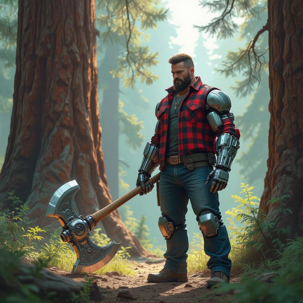 Cyborg Lumberjack in Sequoia Clearing: Cyberpunk Digital Art