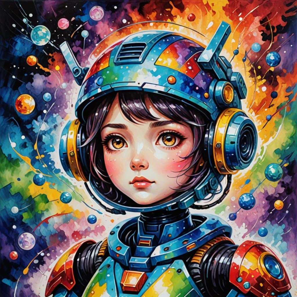 Retrofuturistic Robot in Vibrant Nebula Watercolor