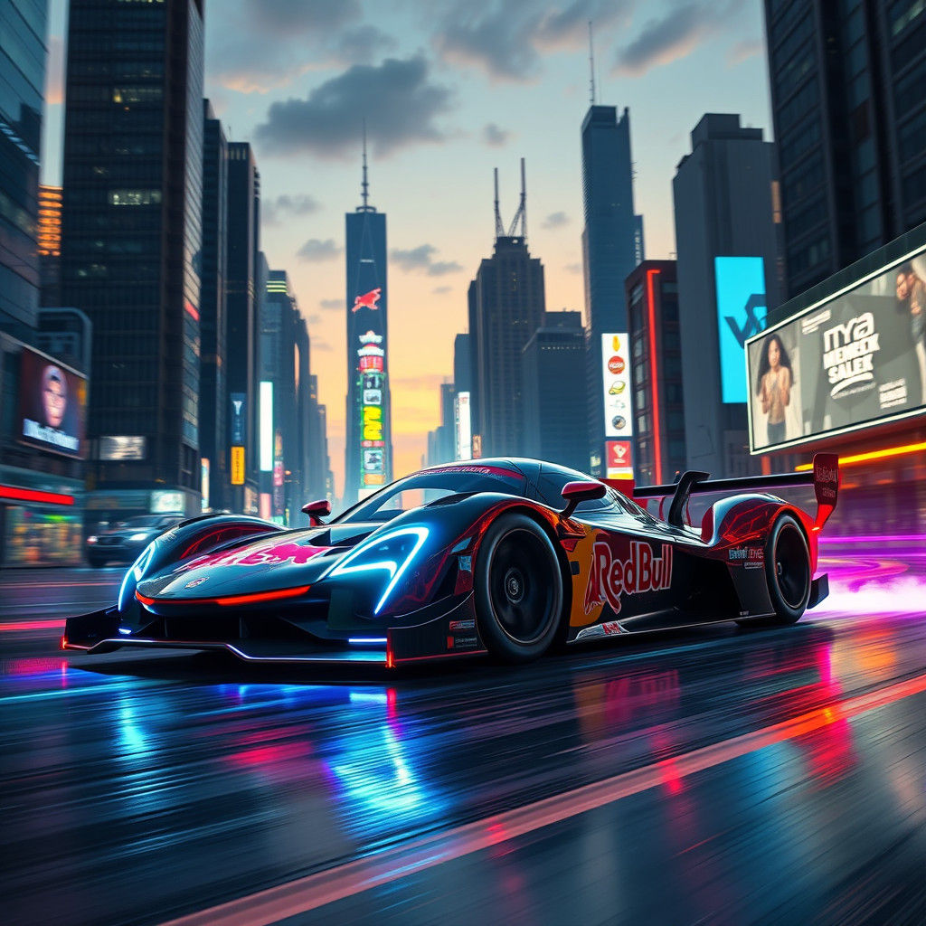 Neon Red Bull Racer in Cyberpunk Cityscape