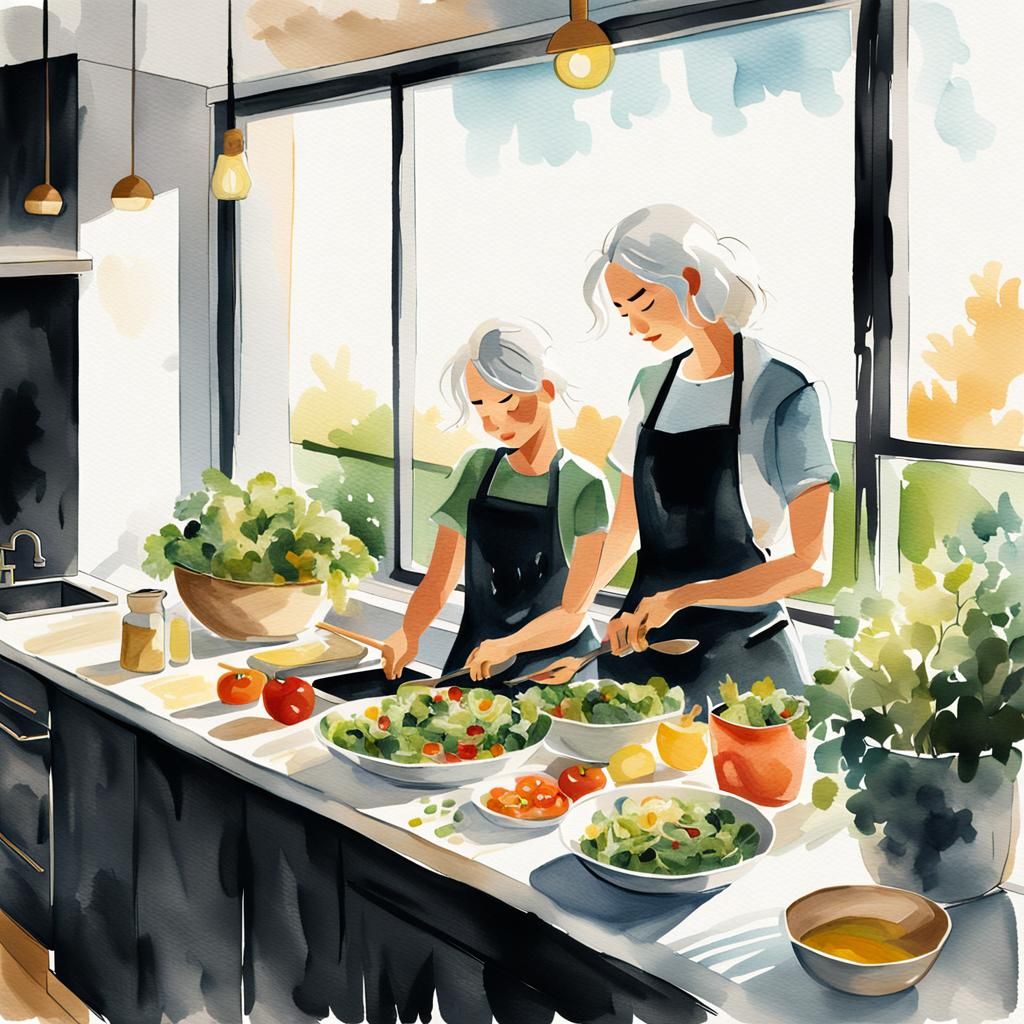 Woman and Child Cooking Salad: Minimalist Watercolor Illustr...