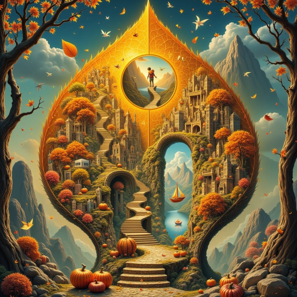Surreal Autumn Leaf Mindscape with Miniature Universes