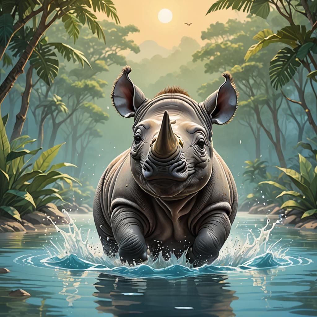 Kawaii Baby Rhino Plays in Water at Golden Hour