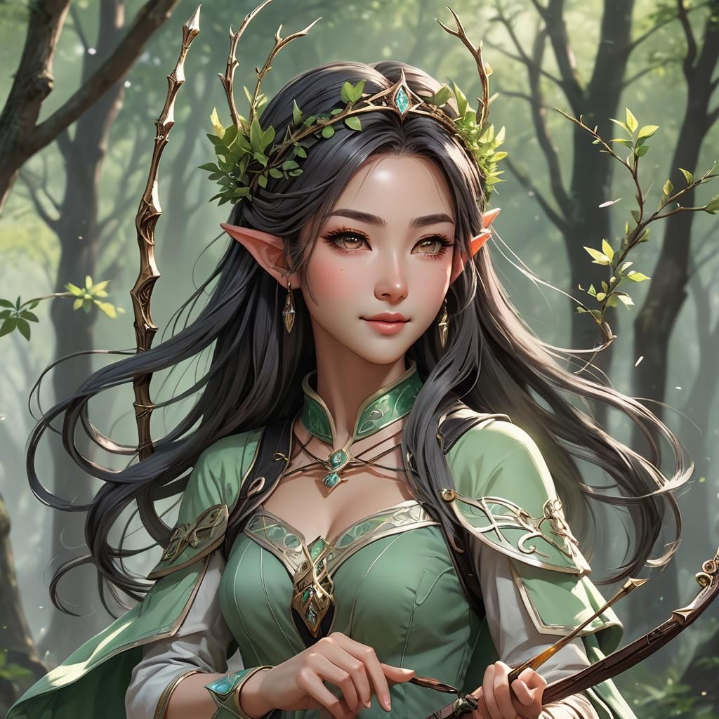 Elven Wizardess Archer with Cosmic Energy in 3D Anime Art