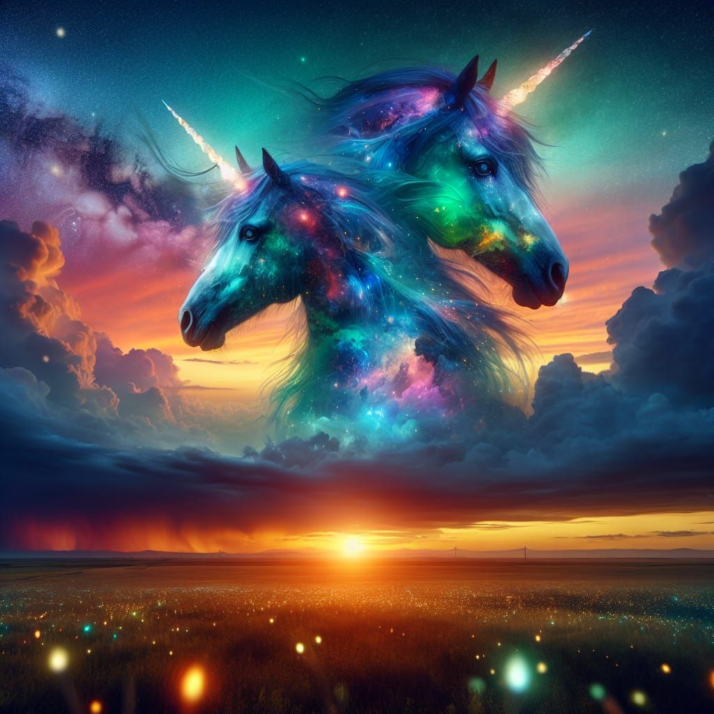 Double exposure. Two beautiful unicorns. Blue 💙, purple 💜,...