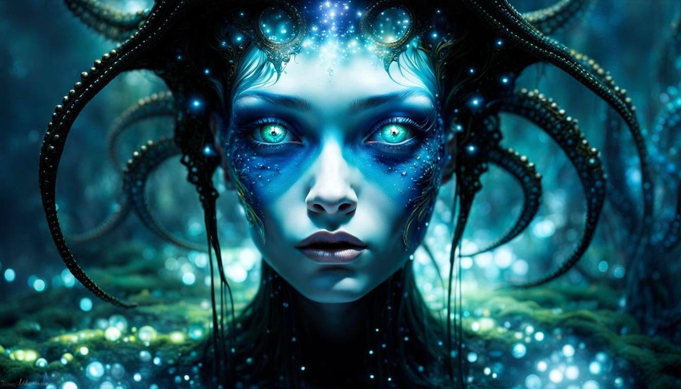 Creepy Alien in Luminous Cave Pool