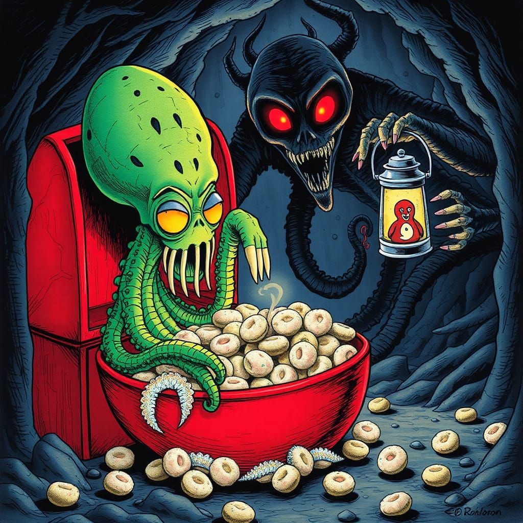 Surreal Cereal Box Art: Green Squid Cavern