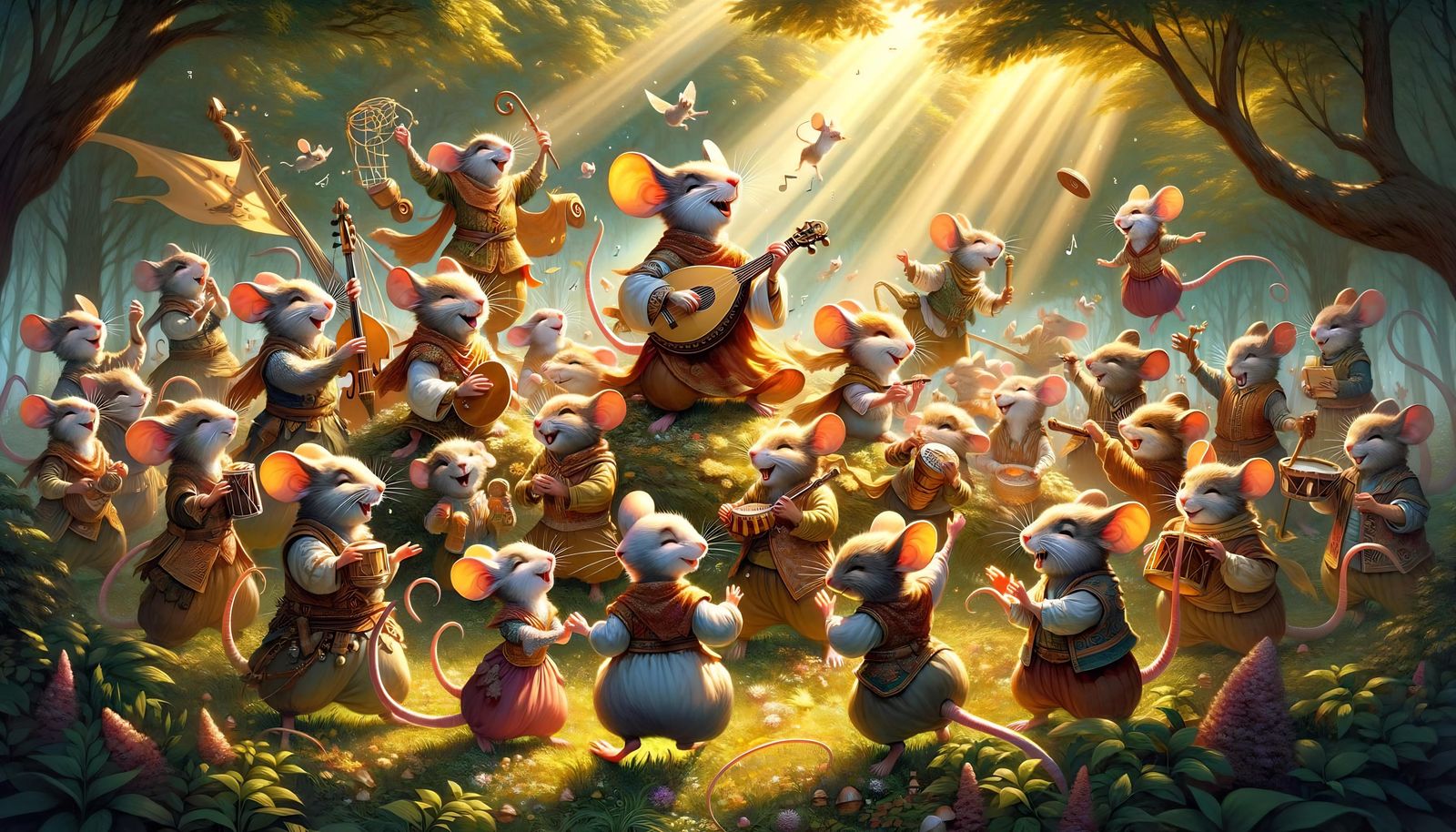 Anthropomorphic Mice Musical Festivity in Lush Woodland