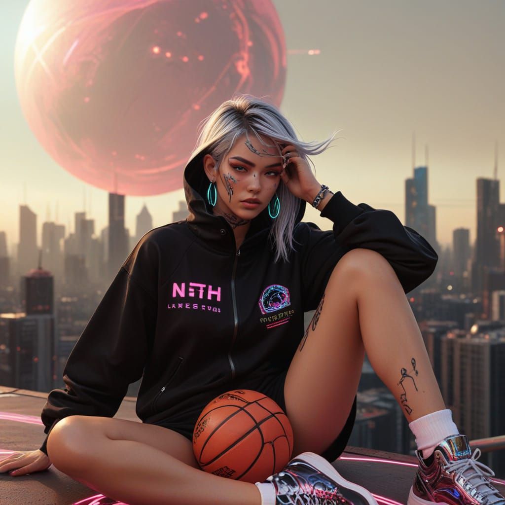 Cyberpunk Basketball on Lunar Cityscape in Dystopian Futuris...