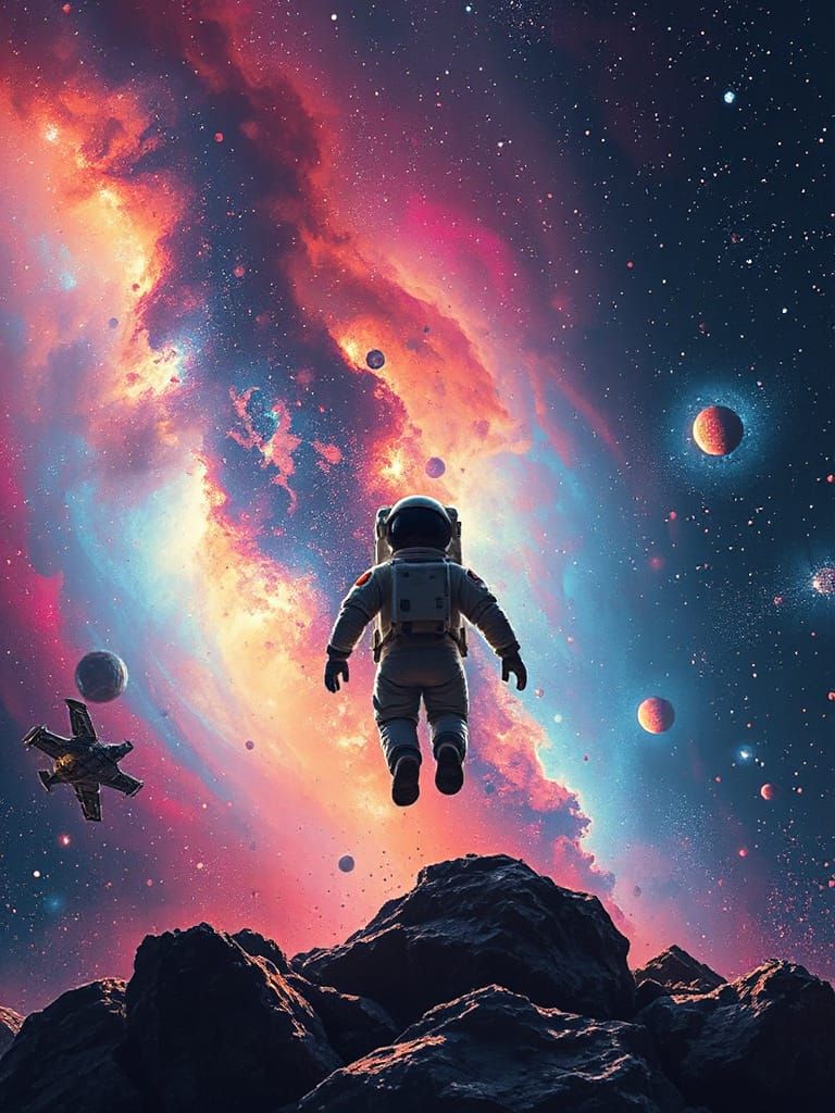 Astronaut Reaching for Galaxy in Cinematic Impressionist Neb...