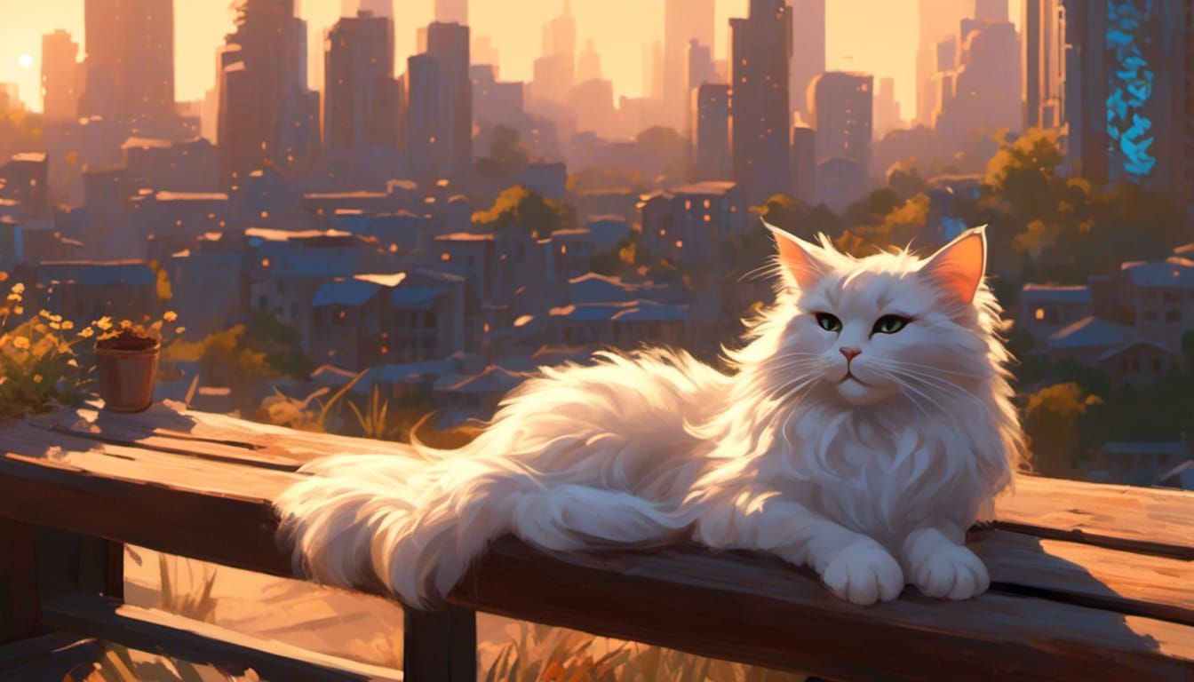 <lora:Soft Vapor Dream:1.0> chibi cat laying on a bench in t...