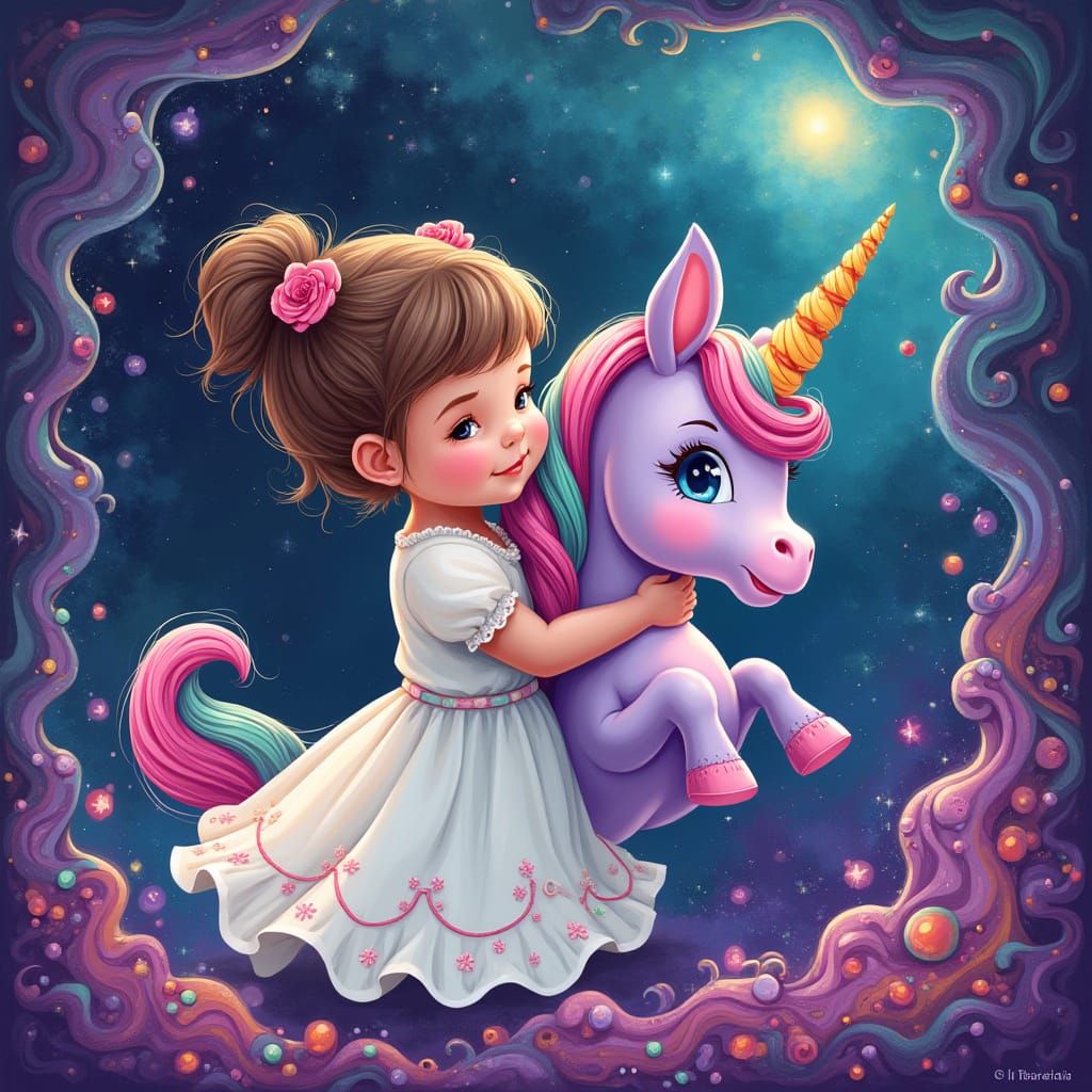 Girl Hugging Unicorn in Cosmic Fractal Landscape
