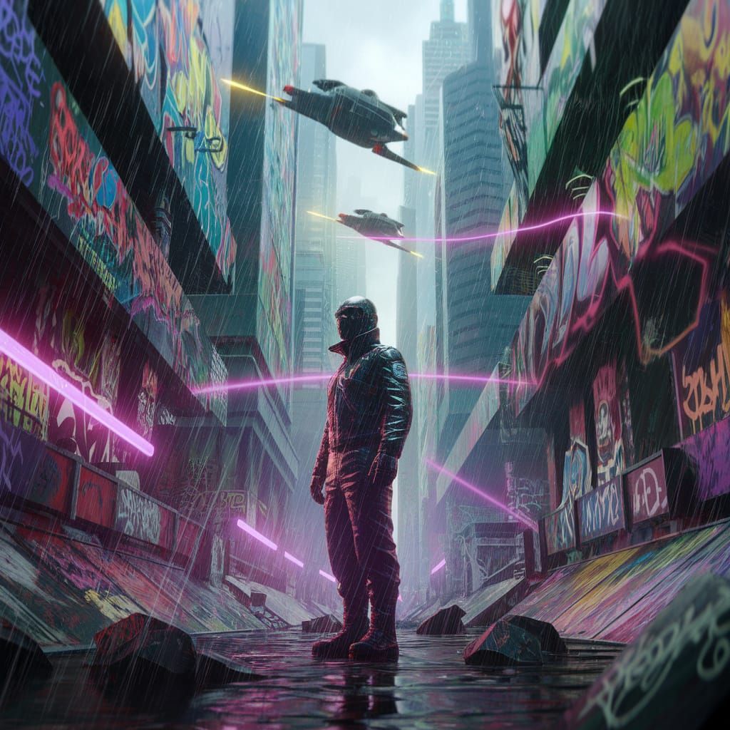 Cyberpunk Cityscape with Graffiti and Flying Cars
